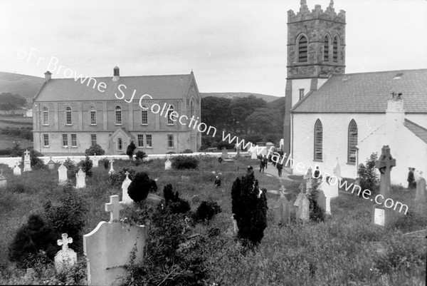 CARNDONAGH : NEW CHURCH TOWER FROM RIVER